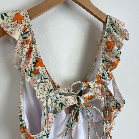 Women's 2XL XXL Orange White Floral Open Back One Piece Swimsuit Swimwear Frill - Picture 6 of 13